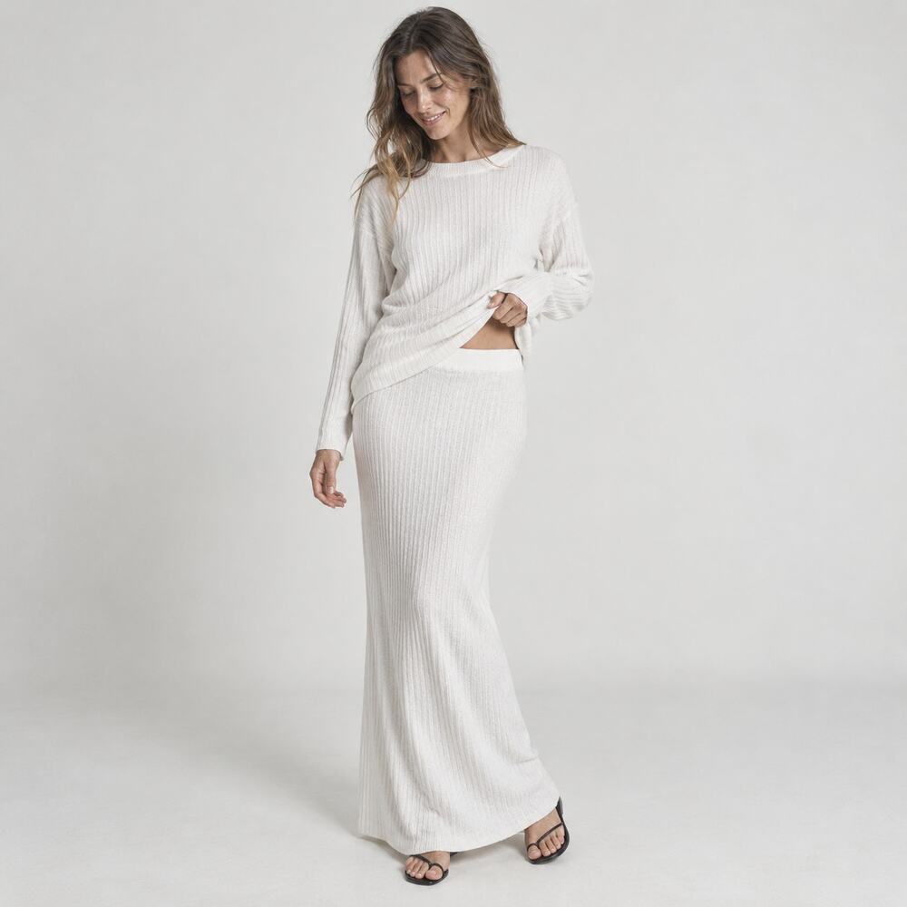 Boohoo Cream Ribbed Knit Sweater & Maxi Skirt Set